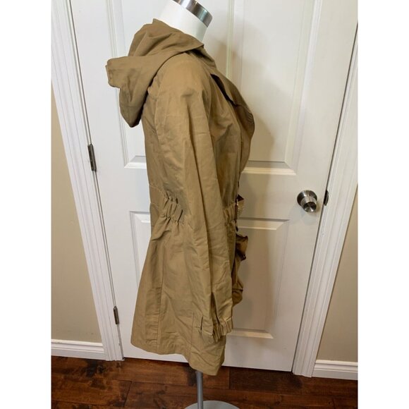 Tory Burch Long Brown Hooded Trench Coat W/ Ruffle Front, Size 6 - Picture 3 of 6